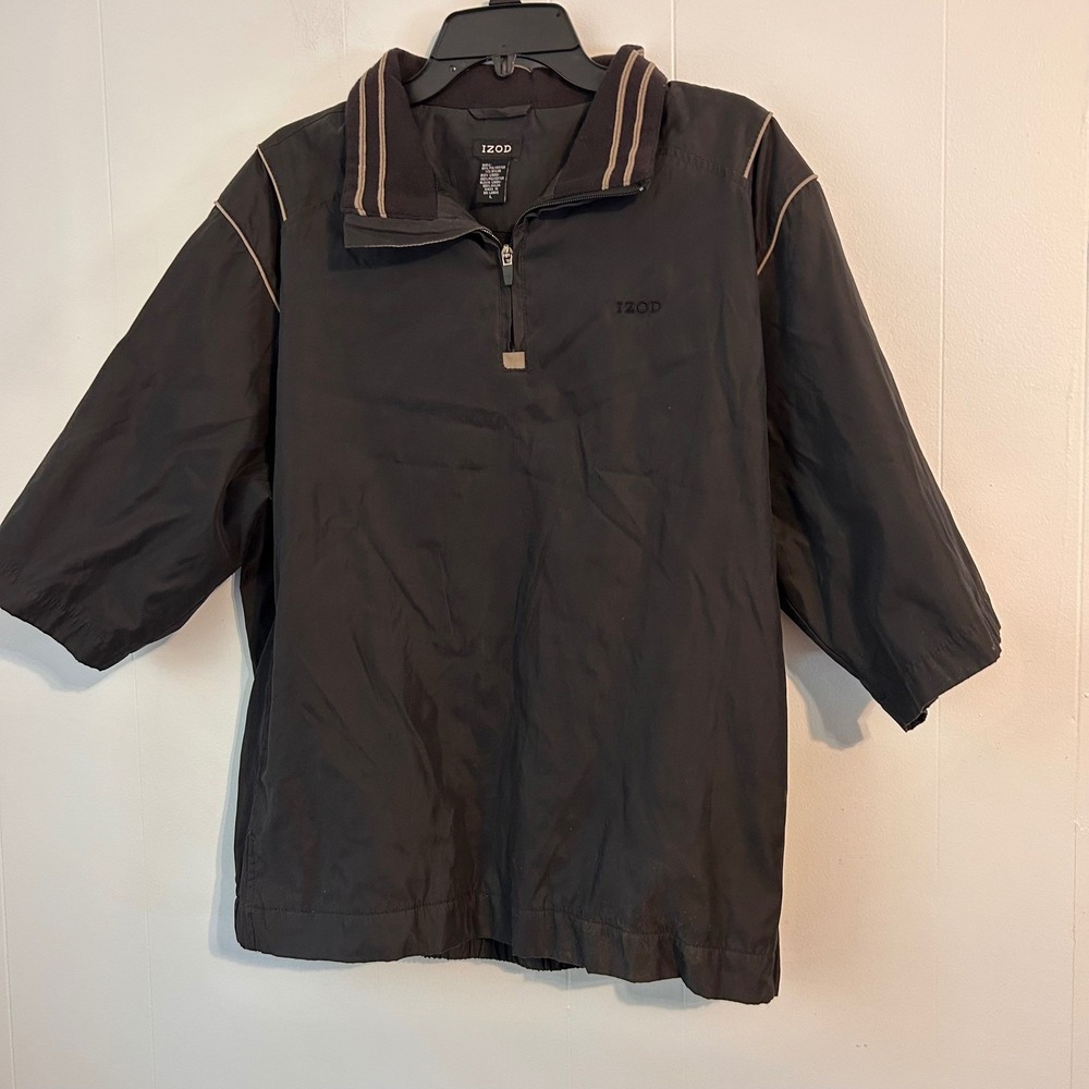 IZOD Mens Black Short Sleeve Quarter Zip Windbreaker Jacket L Piping Striped